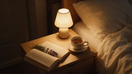 Mesilla de noche con una lámpara encendida, un libro abierto y una taza de infusión.