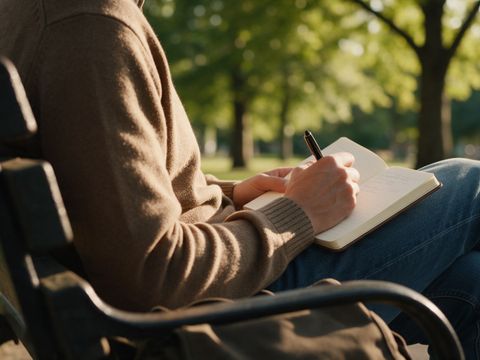 Una persona escribe en una libreta en el parque.