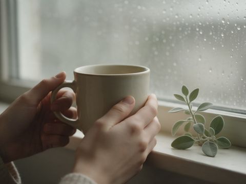 Unas manos sostienen una taza junto a la ventana.