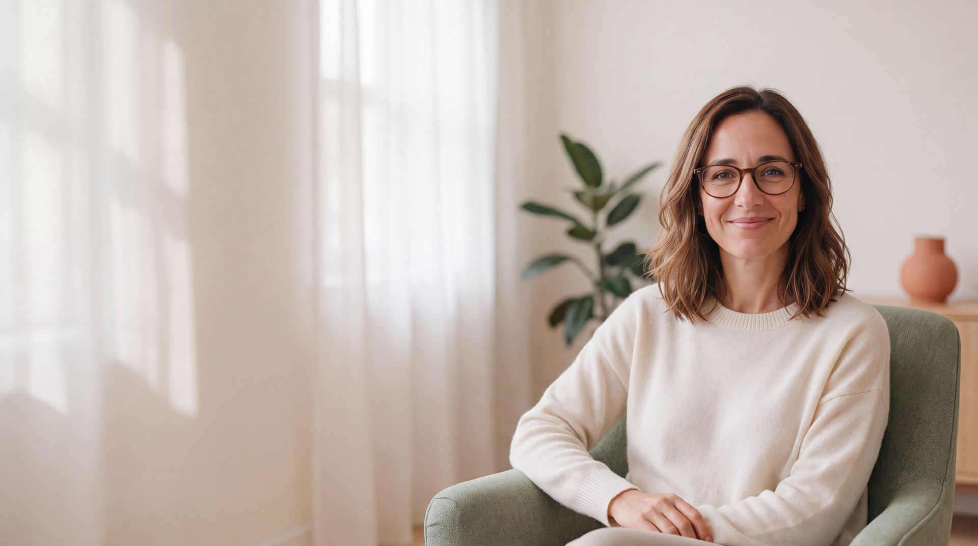 Marta López sonríe en su consulta, un espacio luminoso con plantas.
